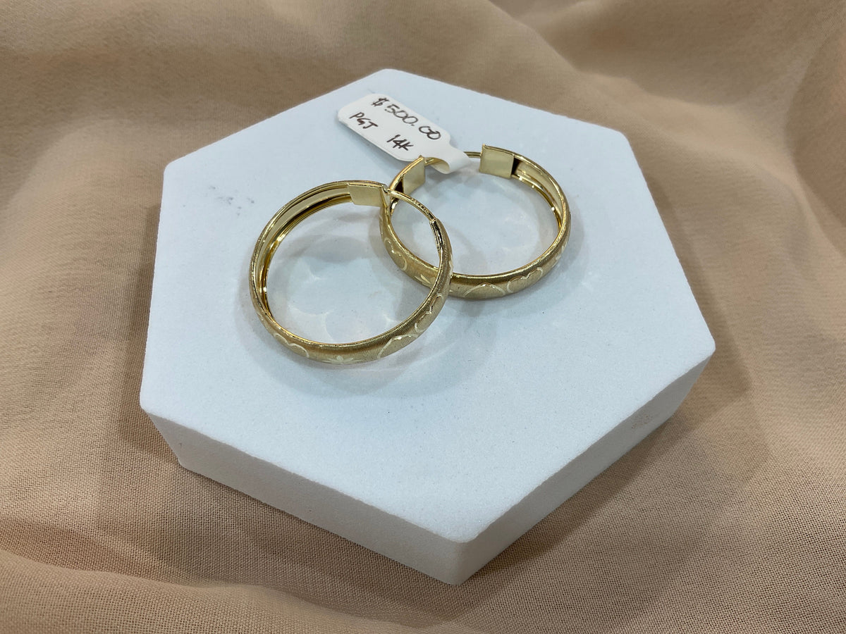 14k Gold .7” Heart Engraved Hoop Earrings