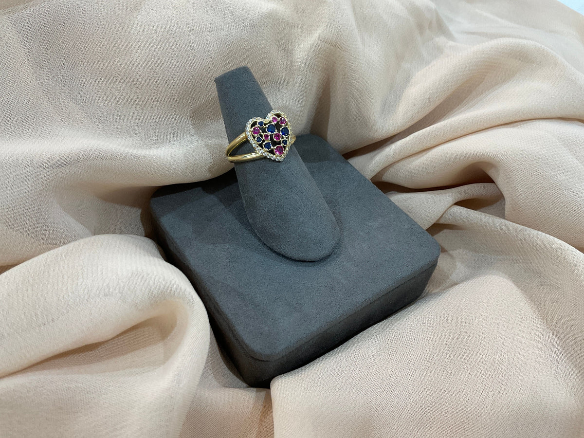 10k Gold Heart CZ Sapphire and Ruby Ring