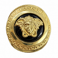 14KT Gold Ring Men's Round Medusa Head Center with Black Background, Greek Border, and Greek Print Band