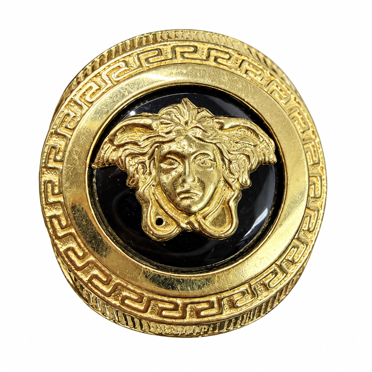 14KT Gold Ring Men's Round Medusa Head Center with Black Background, Greek Border, and Greek Print Band
