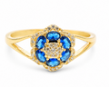 14KT Women's Gold Ring Flower Jumbo 6 Navy Blue Oval Petals with Round White CZ Stones Center and White CZ Stone Leaf Outline Border and Plain Split Band