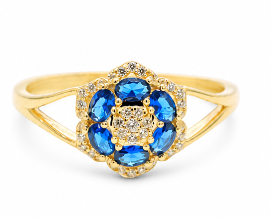 14KT Women's Gold Ring Flower Jumbo 6 Navy Blue Oval Petals with Round White CZ Stones Center and White CZ Stone Leaf Outline Border and Plain Split Band