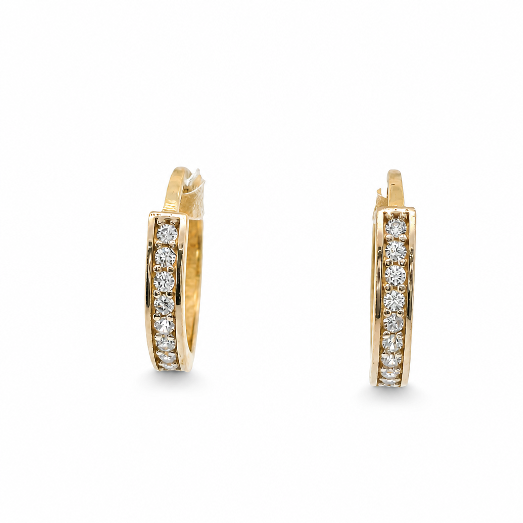 14KT Gold Earring Medium Two Tone White CZ Stones Single Row with Plain White Gold Border Huggie