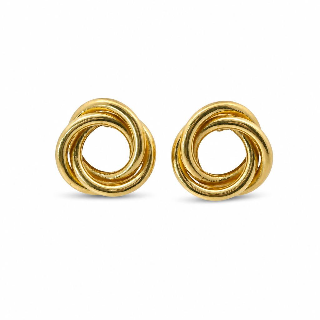 14KT Gold Earrings Medium Round Two Strand Open Center Interlocking Plain Rings with Push Back Post and Butterfly Backs