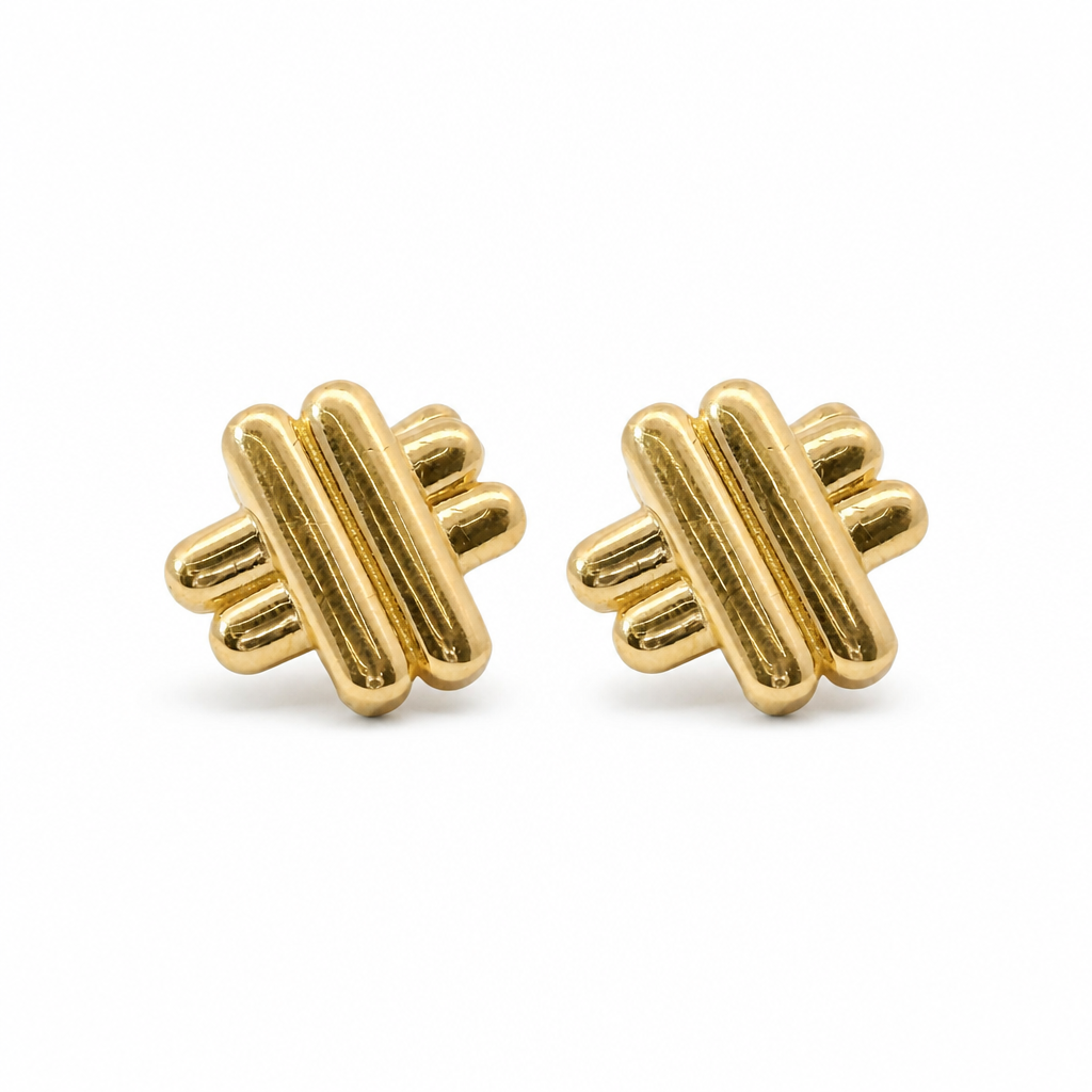 14KT Gold Earrings Medium Plain Puff Hashtag with Push Back Post and Butterfly Backs