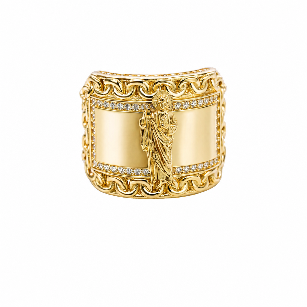 14KT Gold Ring Men's Curved Rectangle St Jude Center with White CZ Stones Inner Border, Chino Link Frame, and Split Chino Link Band