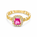14KT Gold Ring Women's Square Red Center Stone with White CZ Stone Border Chino Band