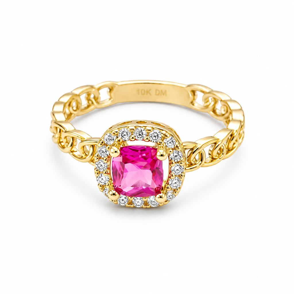 14KT Gold Ring Women's Square Red Center Stone with White CZ Stone Border Chino Band