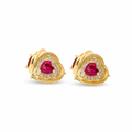 14KT Gold Earring Small Red Heart Center CZ Stone with White CZ Stones Border, Plain Platform Border with Push Back Post and Butterfly Backs