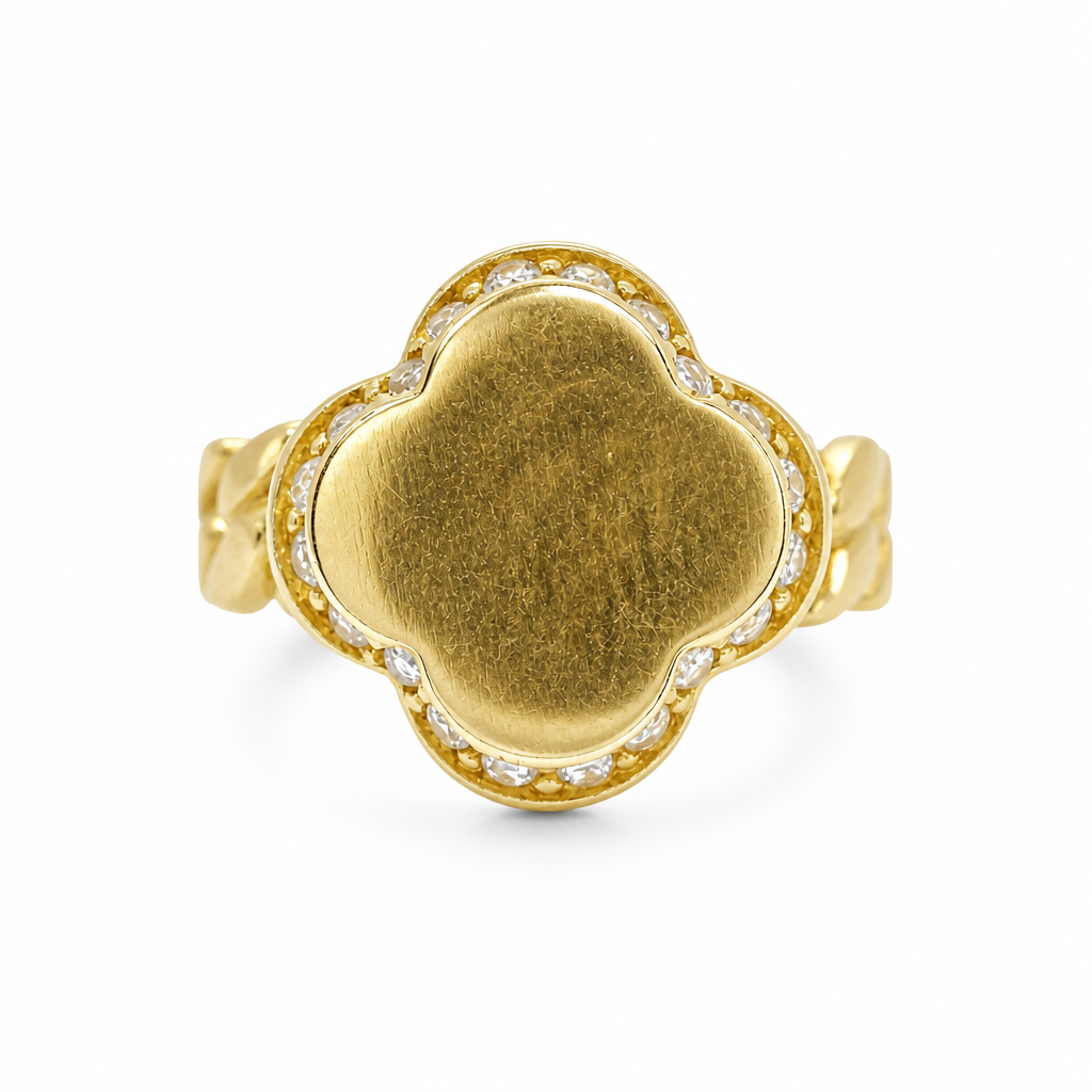14KT Gold Ring Women's Engravable Clover Center with White CZ Stones Edge and Cuban Link Band