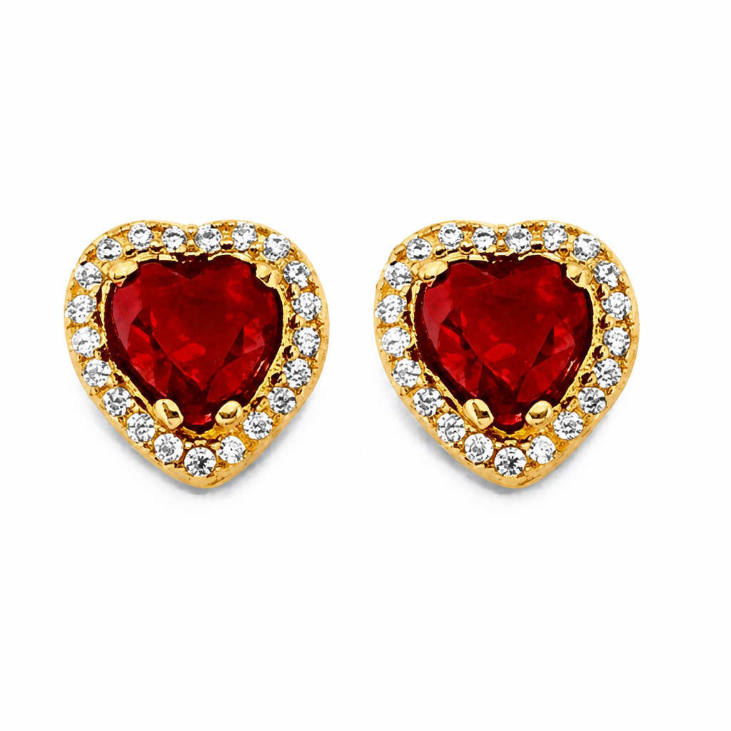 14KT Gold Earring Small Red Heart Center CZ Stone with White CZ Stones Border with Push Back Post and Butterfly Backs