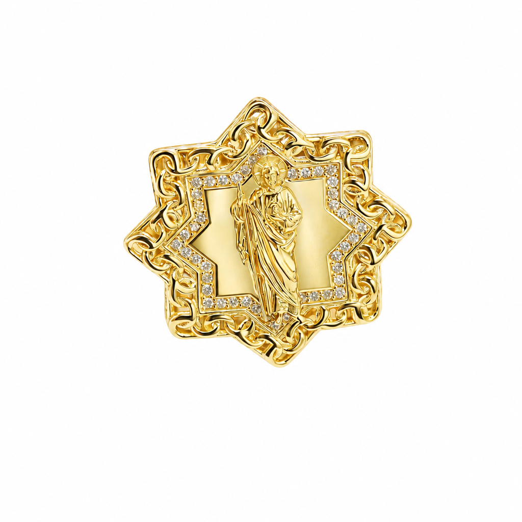 14KT Gold Ring Men's St Jude Star of David with White CZ Stones Chino Link Border and Plain Band