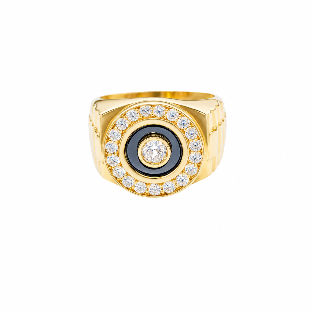 14KT Gold Ring Men's Jumbo Round White CZ Center Stone Plain Border on Onyx Background with White CZ Stones Border Side Design Jubilee
