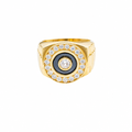 14KT Gold Ring Men's Jumbo Round White CZ Center Stone Plain Border on Onyx Background with White CZ Stones Border Side Design Jubilee