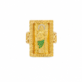 14KT Gold Ring Men's Rectangle Greek Border Jumbo Raised St. Jude with Sunray Background / Green CZ Stone Robe / White CZ Stones Sun Chino Band