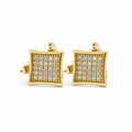 14KT Gold Earring Small Pinched Square White CZ Stones Cluster with Plain Border, Push Back Post, and Butterfly Backs