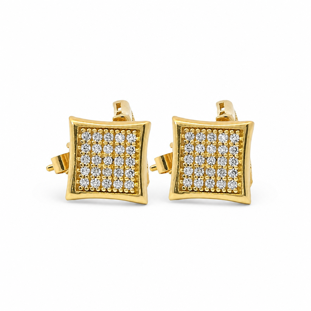 14KT Gold Earring Small Pinched Square White CZ Stones Cluster with Plain Border, Push Back Post, and Butterfly Backs