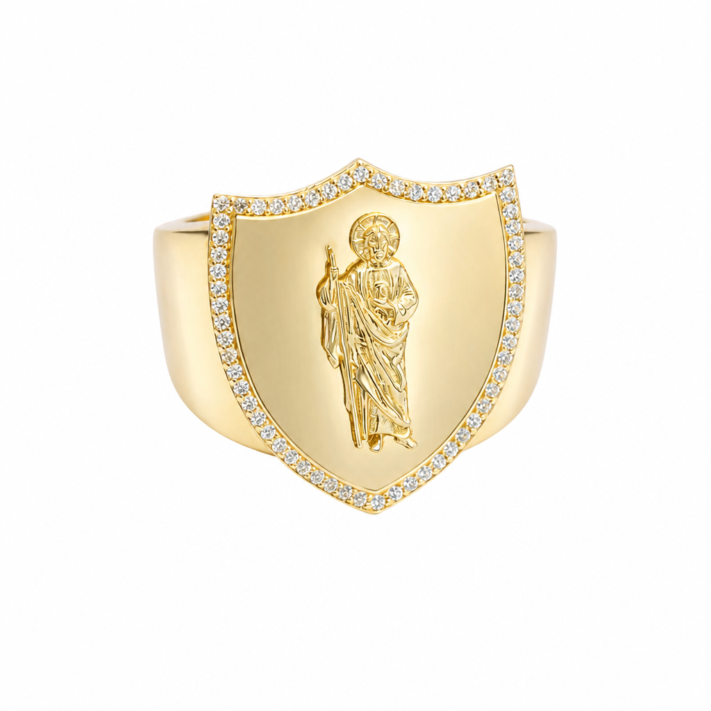 14KT Gold Ring Men's Shield Raised St Jude Center with White CZ Stones Border and Edge with Plain Band