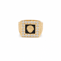 14KT Gold Ring Men's Square Lion Head Onyx Background White CZ Stone Border Side Design Greek