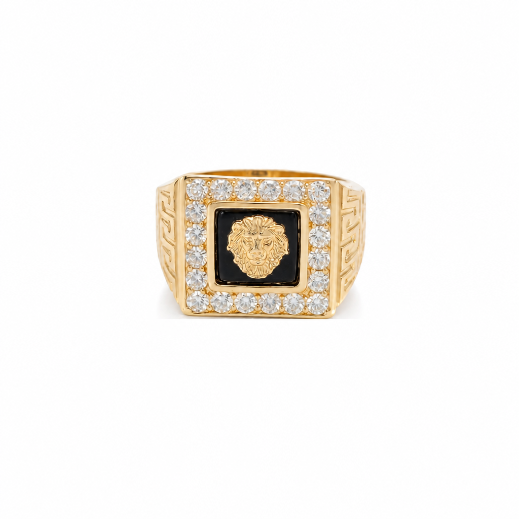 14KT Gold Ring Men's Square Lion Head Onyx Background White CZ Stone Border Side Design Greek