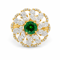 14KT Gold Ring Women's Flower Dark Green Round Center CZ Stone White Pear/Marquise Petals with Round White CZ Stones Border and Plain Split Band