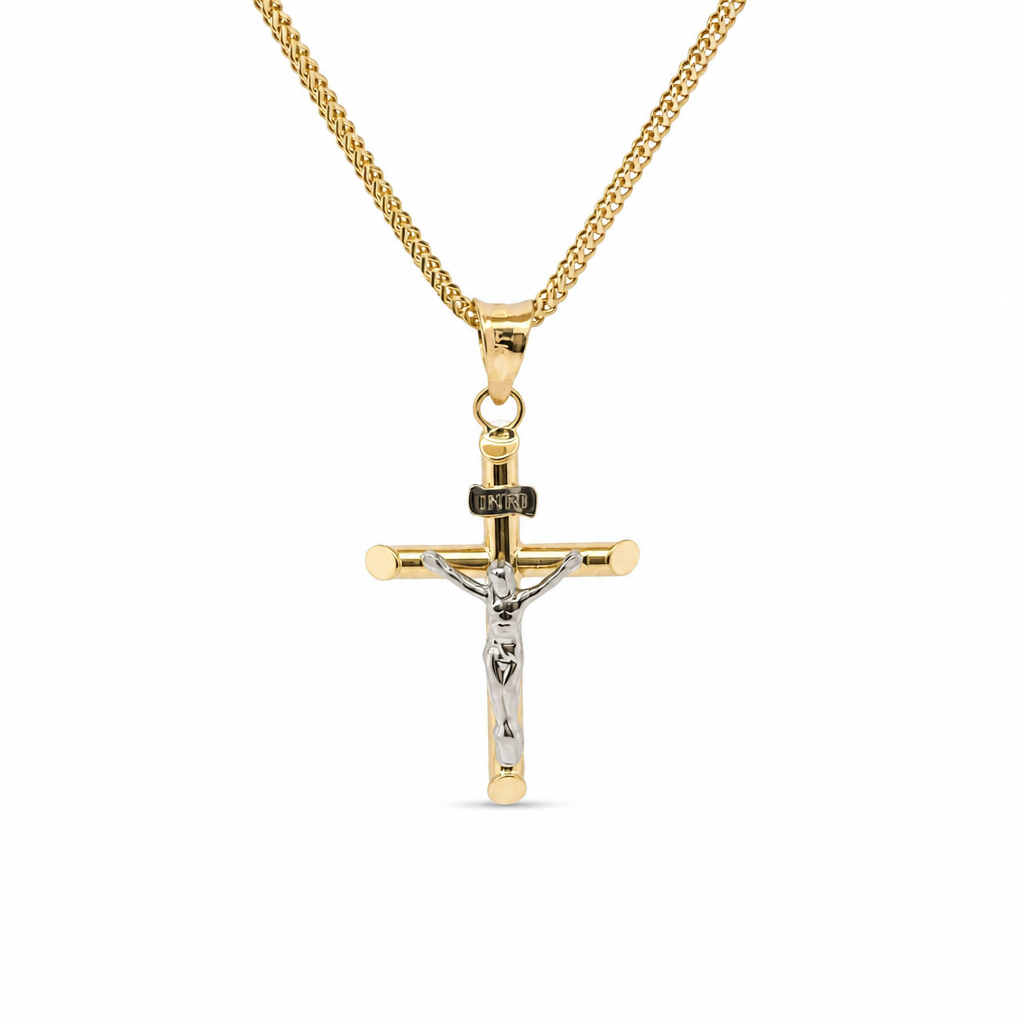 14KT Gold Charm Small Two Tone Hollow Tube Slant Ends Crucifix Cross with Plain Bell