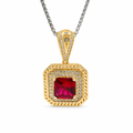 14KT Gold Charm Large Red Square Center CZ Stone Double Platform Border of Round White CZ Stones Mock Link Border and Bell