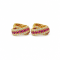 14KT Gold Earring Medium Dark Pink CZ Stones Center with White CZ Stones Border Huggie