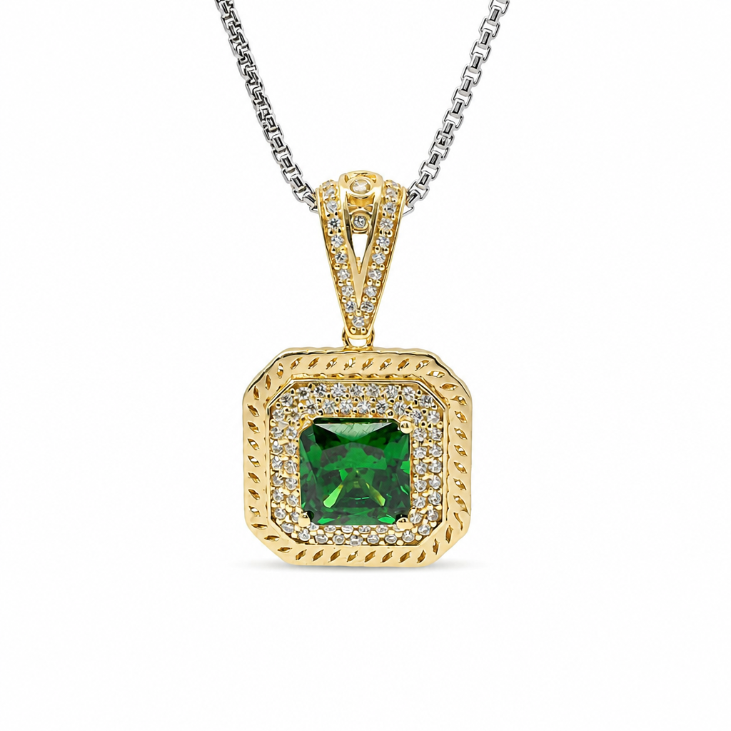 14KT Gold Charm Large Dark Green Square Center CZ Stone Double Platform Border of Round White CZ Stones Mock Link Border and Bell
