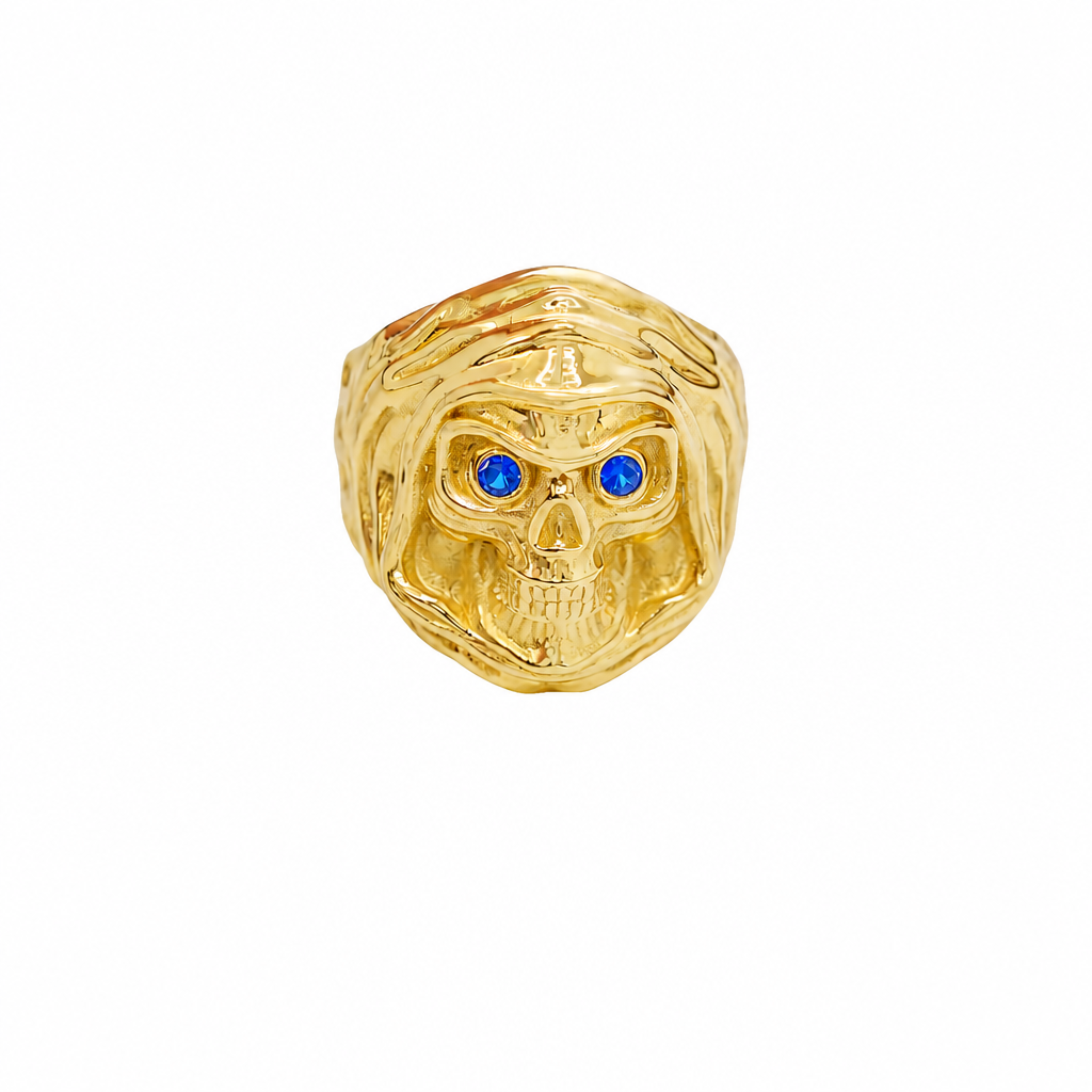 14KT Gold Ring Men's Grim Reaper with Blue CZ Stones Eyes