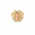 14KT Gold Ring Men's Oval Two Tone Virgin Mary with White CZ Stones Background, Border, and White CZ Stones Drips on Band