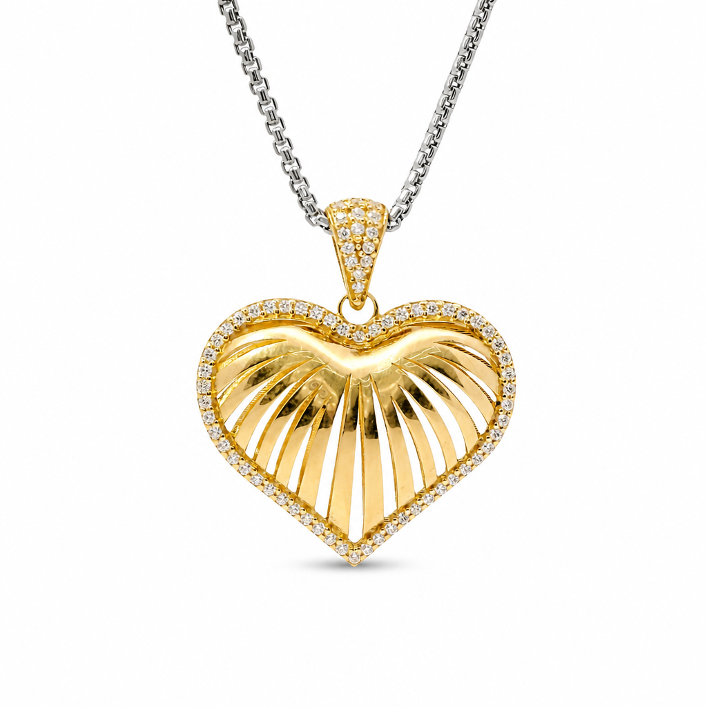 14KT Gold Charm Large Plain Ribbed Seashell Heart with Single Row White CZ Stone Border and White CZ Stones Band