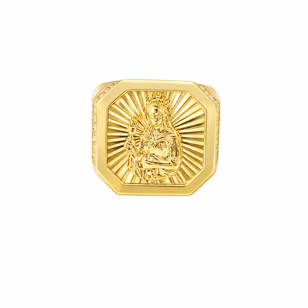 14KT Gold Ring Men's Octagon Square St Clare with Sunray Background Plain Border and Double Row White CZ Stones Edge Plain Band