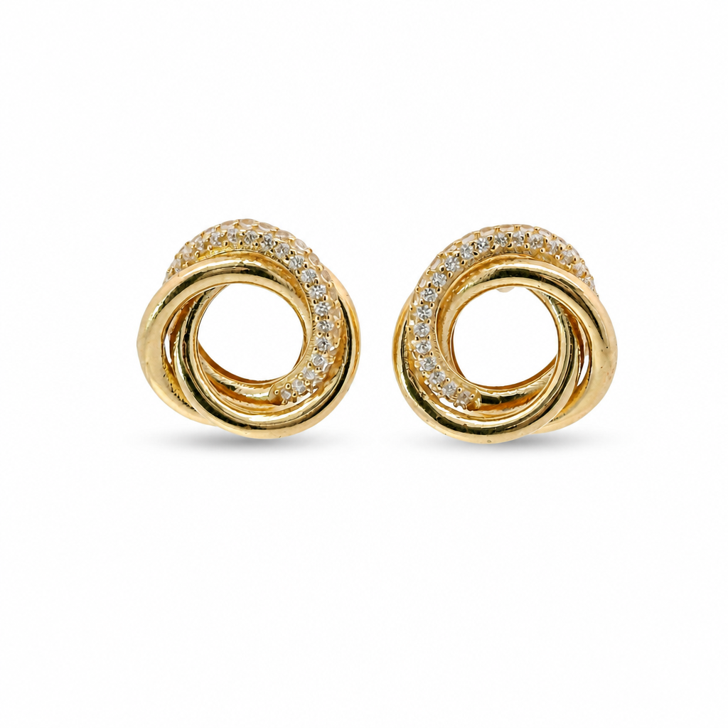 14KT Gold Earrings Medium Round Two Strand Open Center Interlocking White CZ Stones Rings with Push Back Post and Butterfly Backs