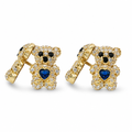 14KT Gold Earring Small White CZ Stones Teddy Bear with Black CZ Stones Eyes, Navy Blue Heart CZ Stone Belly, Push Back Post, and Butterfly Backs