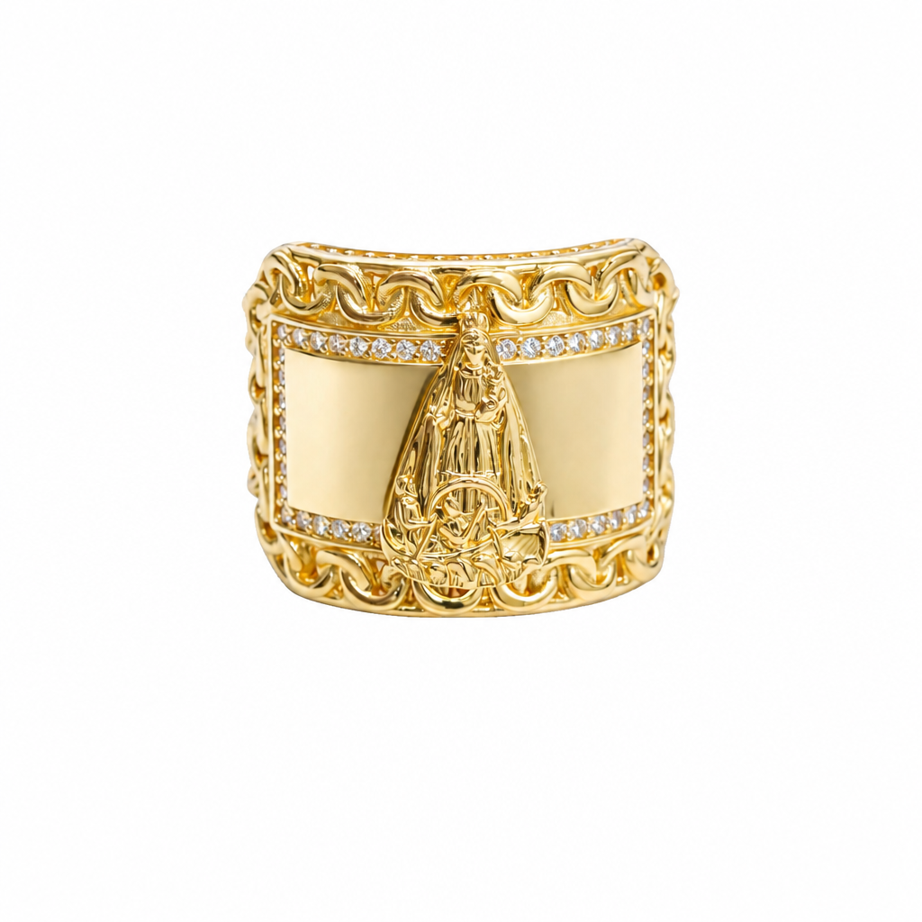 14KT Gold Ring Men's Curved Rectangle Caridad Cobre Center with White CZ Stones Inner Border, Chino Link Frame, and Split Chino Link Band