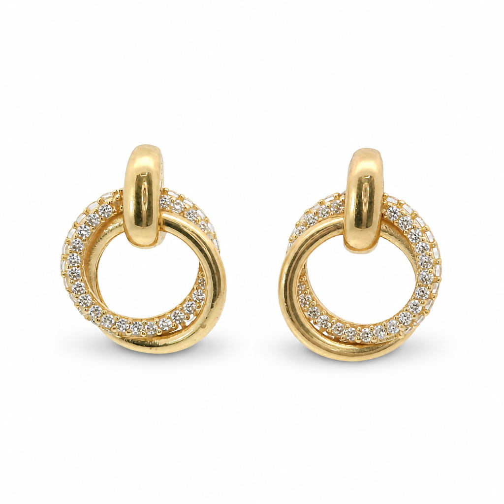 14KT Gold Earrings Medium Round Two Strand Open Center Dangling Interlocking White CZ Stones Rings with Plain Bar, Push Back Post, and Butterfly Backs
