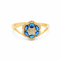 14KT Gold Ring Women's Flower Mini 6 Navy Blue Oval Petals with Round White CZ Stones Center and White CZ Stone Leaf Outline Border and Plain Split Band