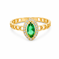 14KT Gold Ring Women's Green Marquise Center CZ White Round CZ Border Chino Band