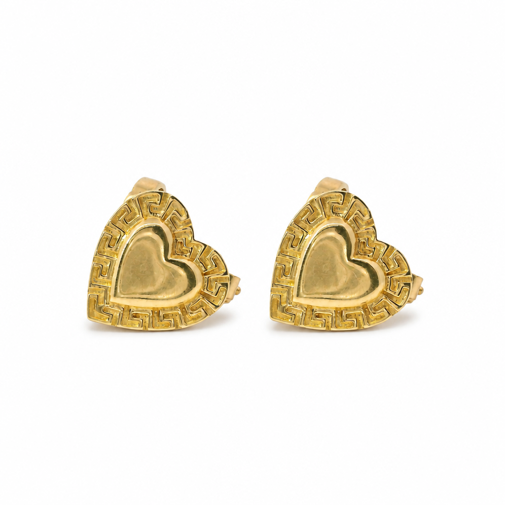 14KT Gold Earring Small Engravable Greek Border Heart with Push Back Post and Butterfly Backs