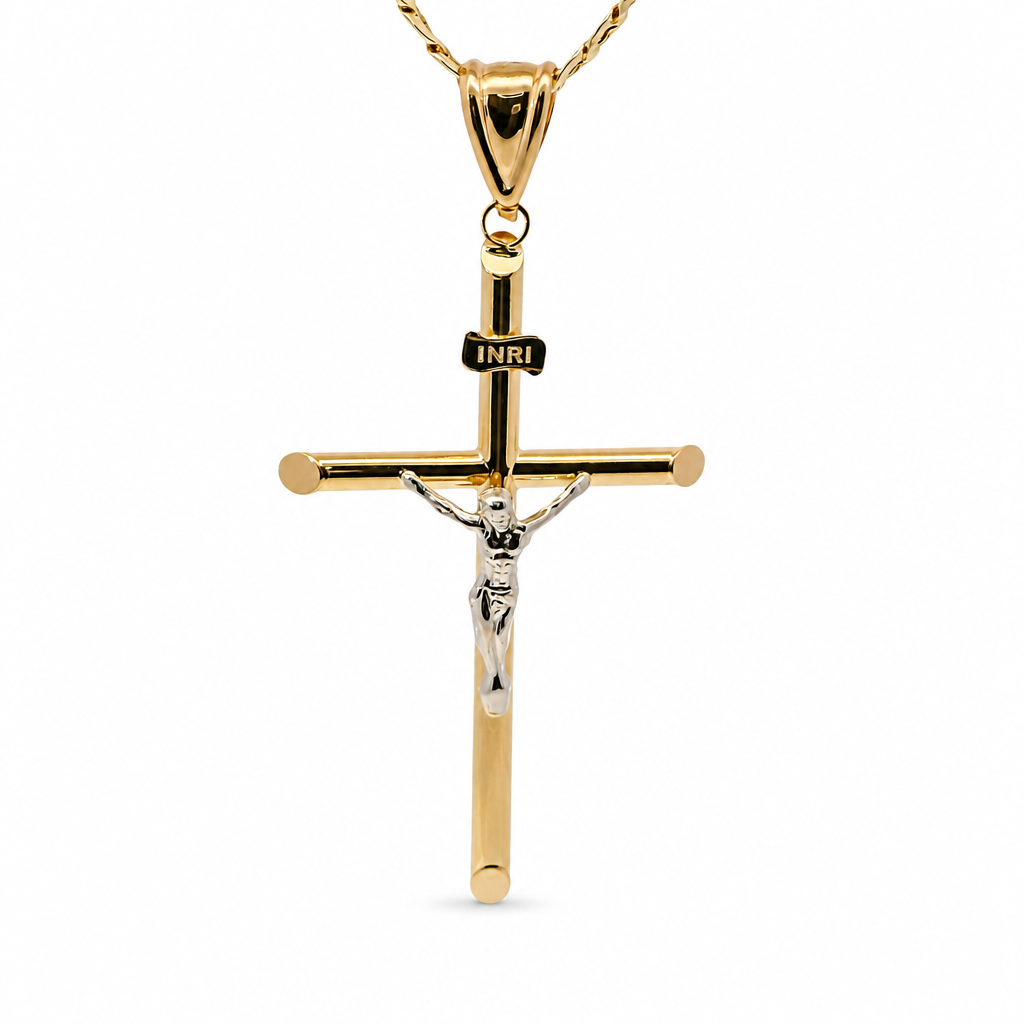 14KT Gold Charm Large Two Tone Hollow Tube Slant Ends Crucifix Cross with Plain Bell
