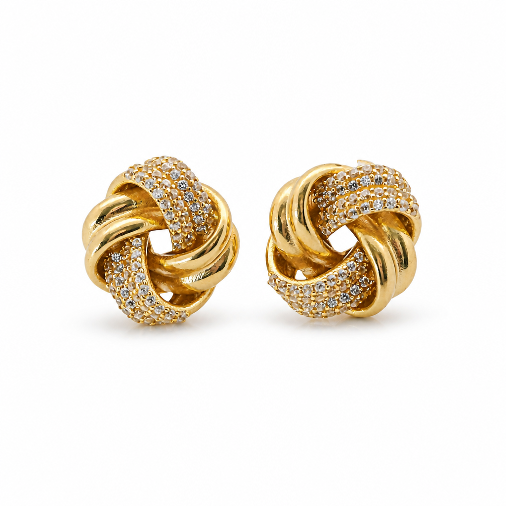 14KT Gold Earrings Medium Two White CZ Stones Strand Square Knot with Open Center, Push Back Post, and Butterfly Backs