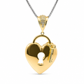 14KT Gold Charm Large Flat Back Lock and Key Puff Heart with White CZ Stones Edge and Bell