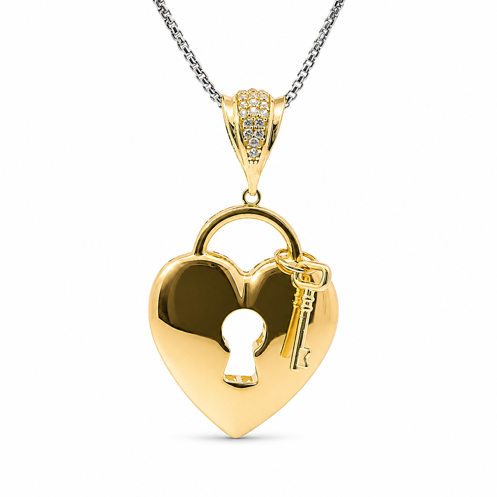 14KT Gold Charm Large Flat Back Lock and Key Puff Heart with White CZ Stones Edge and Bell