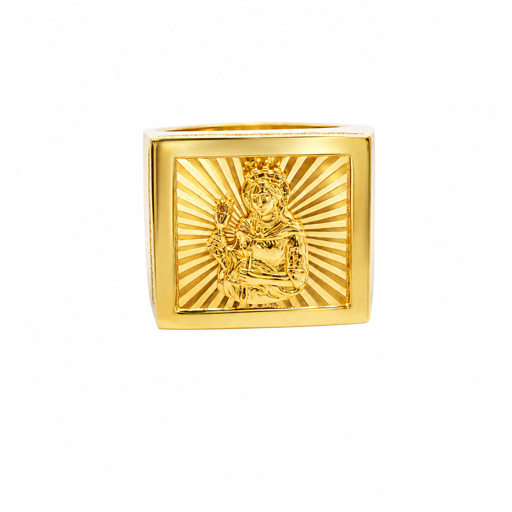 14KT Gold Ring Men's Square St Clare Sunray Background Plain Border Double Row White CZ Stones Edge Border Plain Band
