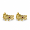 14KT Gold Earring Medium White CZ Stones Three Finger Hamsa Hand with Dark Pink CZ Stone Center Huggie