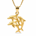 14KT Gold Charm Three Medium Diamond Cut Jumping Dolphins with Plain Bell