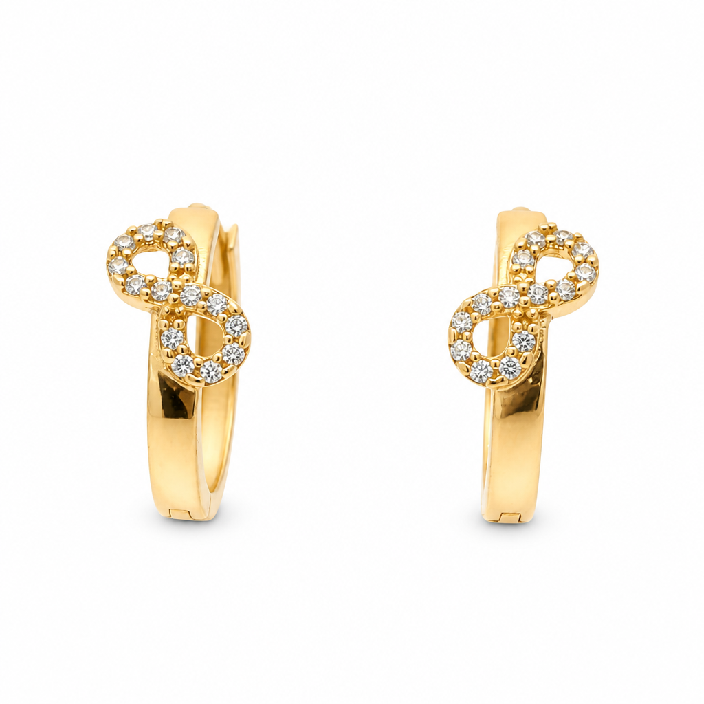 14KT Gold Earring Small White CZ Stones Infinity Loop Huggie