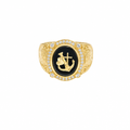 14KT Gold Ring Men's Oval Onyx Anchor/Heart/ Cross with White CZ Stones Border Side Design Chrome Style Cross on Shield