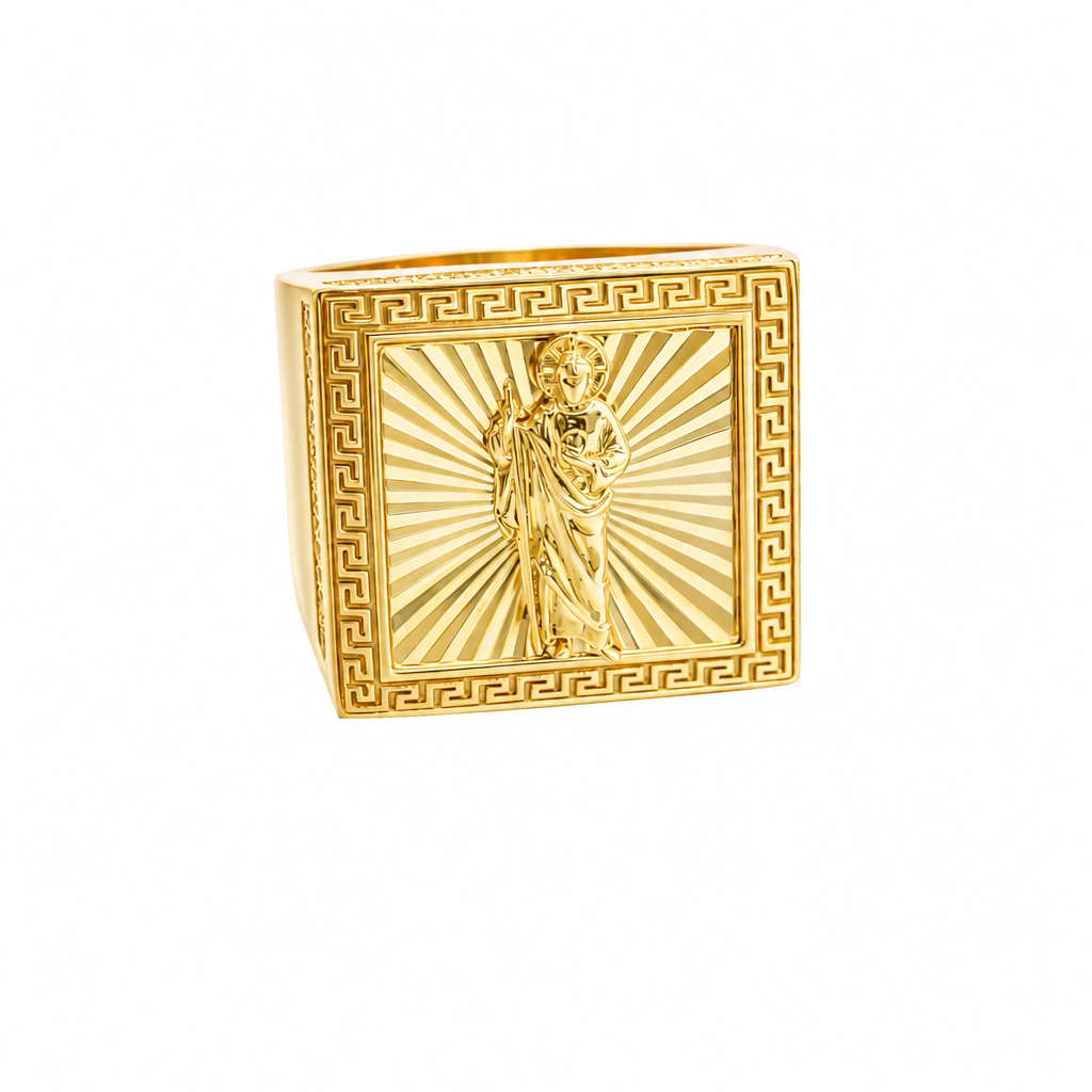 14KT Gold Ring Men's Square St Jude Sunray Background Greek Border Double Row White CZ Stones Edge Border Plain Band